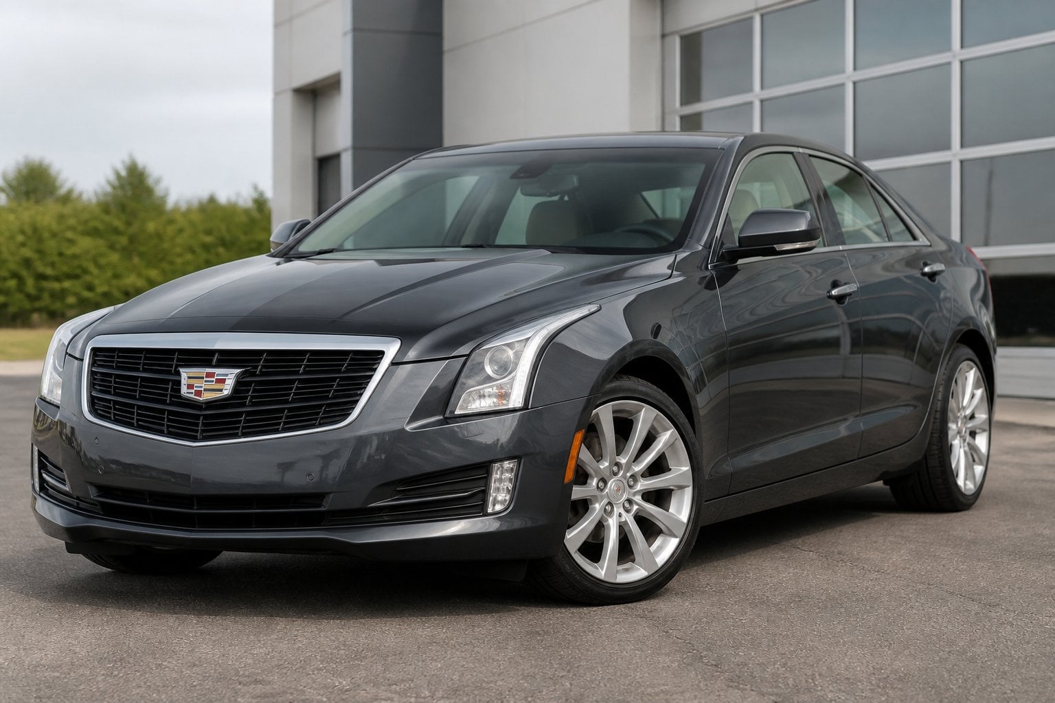 Dark gray Cadillac ATS sedan parked outside a modern automotive facility.