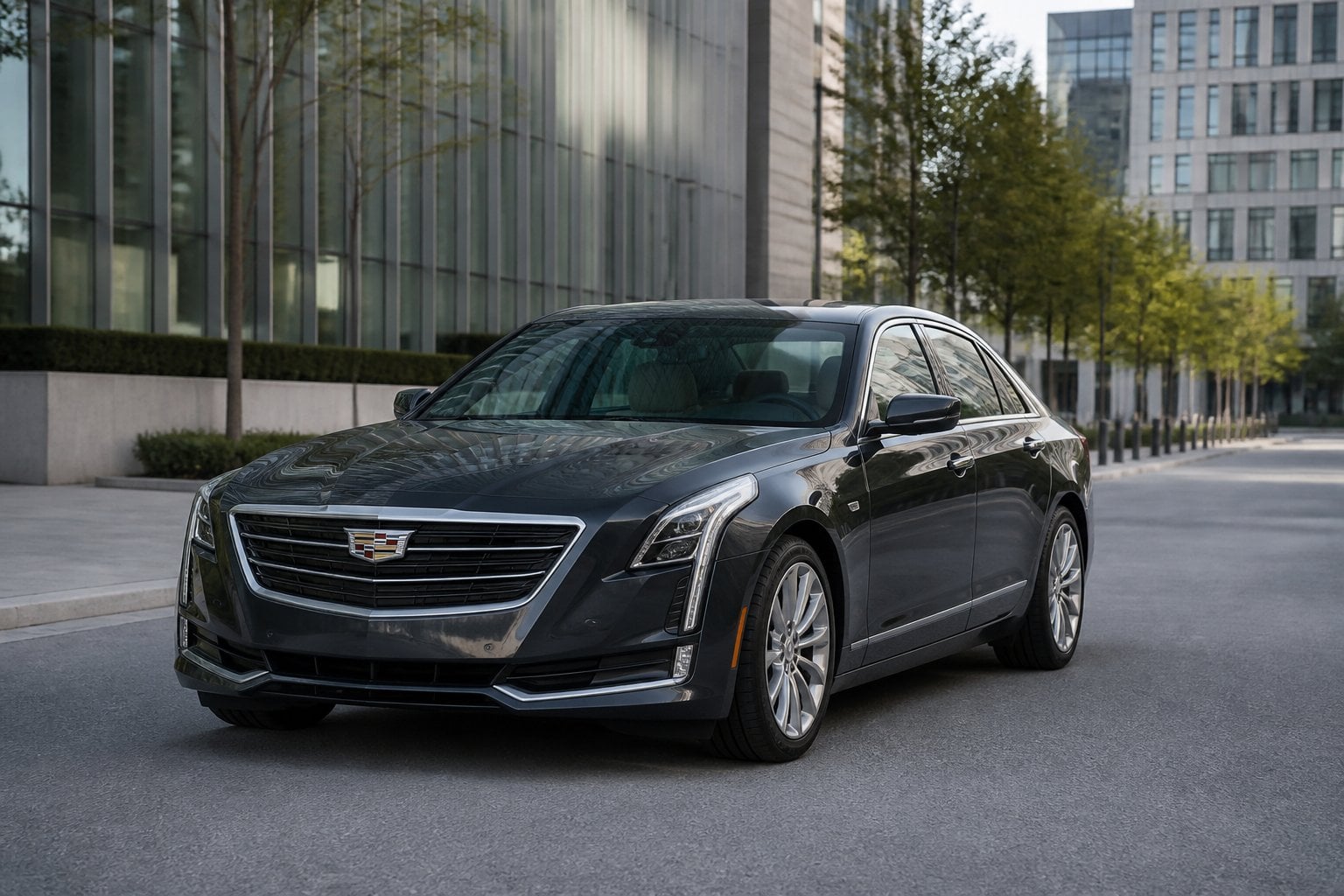 A dark metallic Cadillac CT6 sedan parked on an urban boulevard.