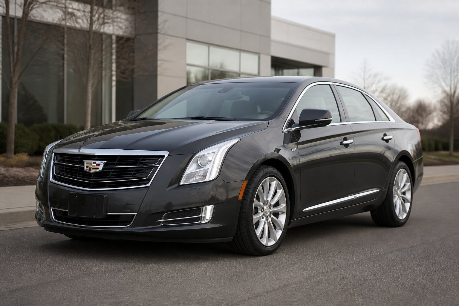 A dark Cadillac XTS sedan parked on a roadway beside a modern urban setting.