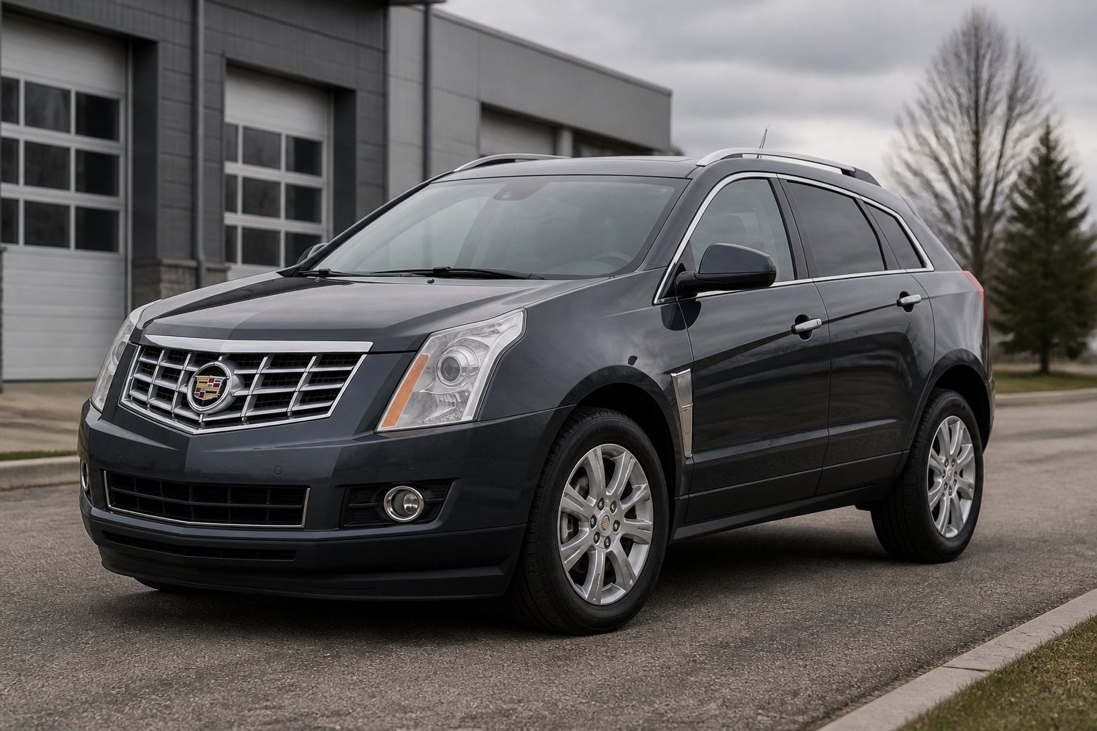 A dark gray Cadillac SRX crossover parked outside a service garage.