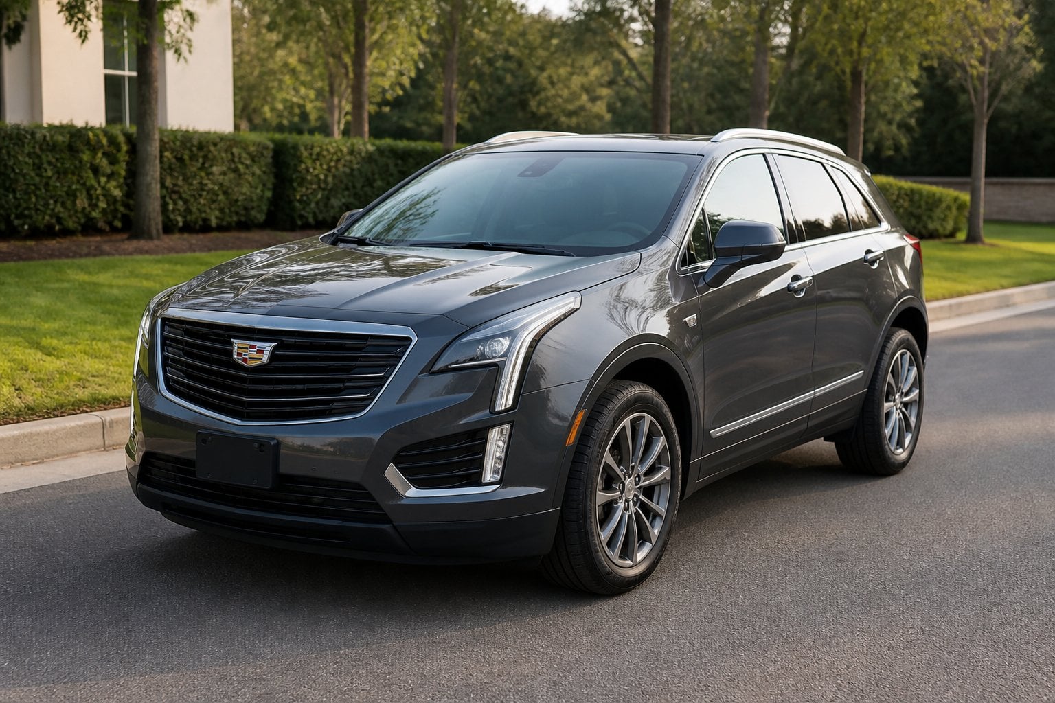 A 2019 Cadillac XT5 SUV parked on a quiet landscaped road.
