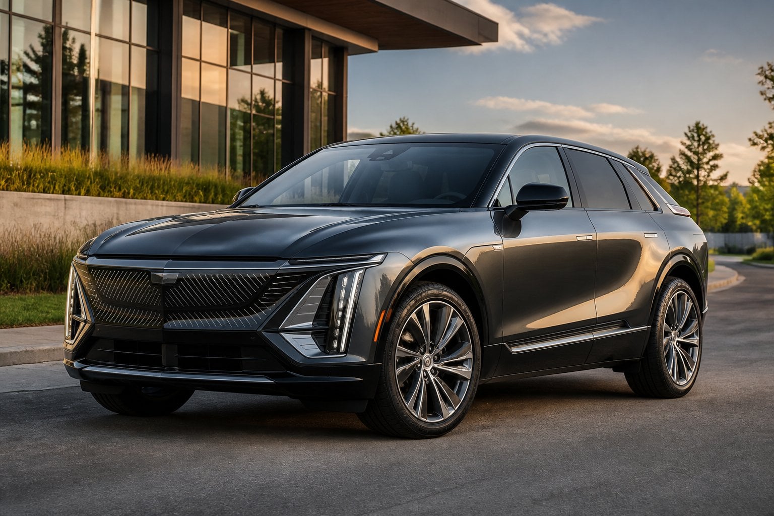 A 2023 Cadillac Lyriq parked on a modern city street.