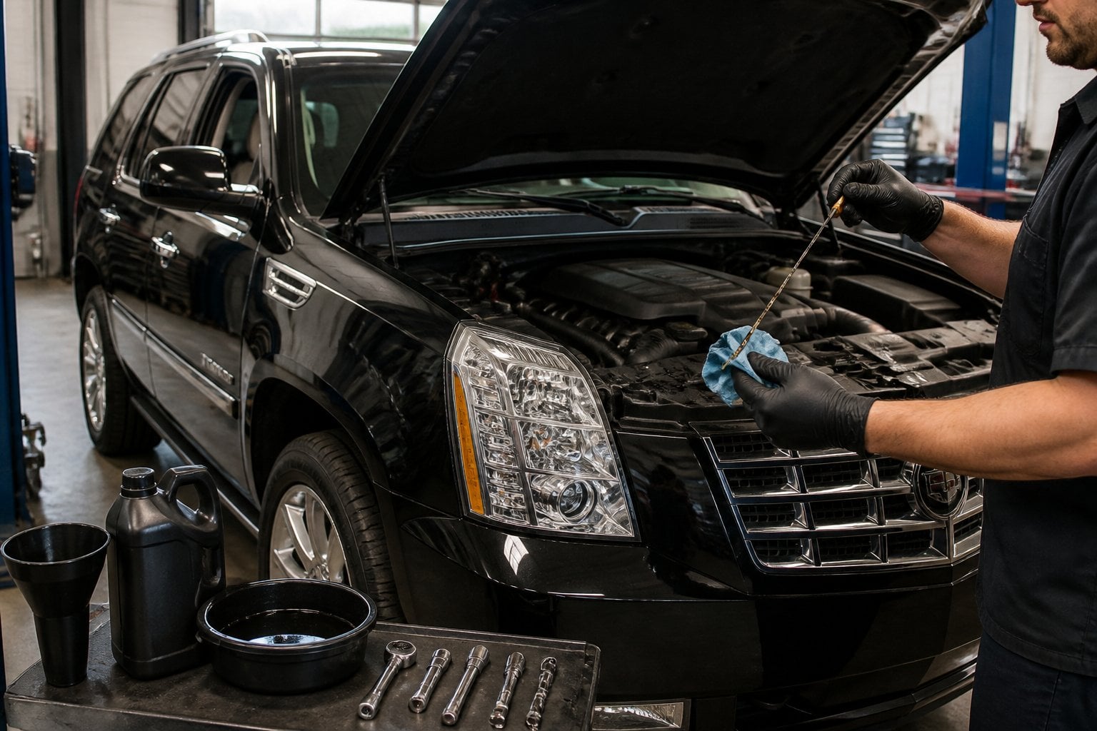 A mechanic inspects the engine of a Cadillac Escalade with its hood open in a professional garage.