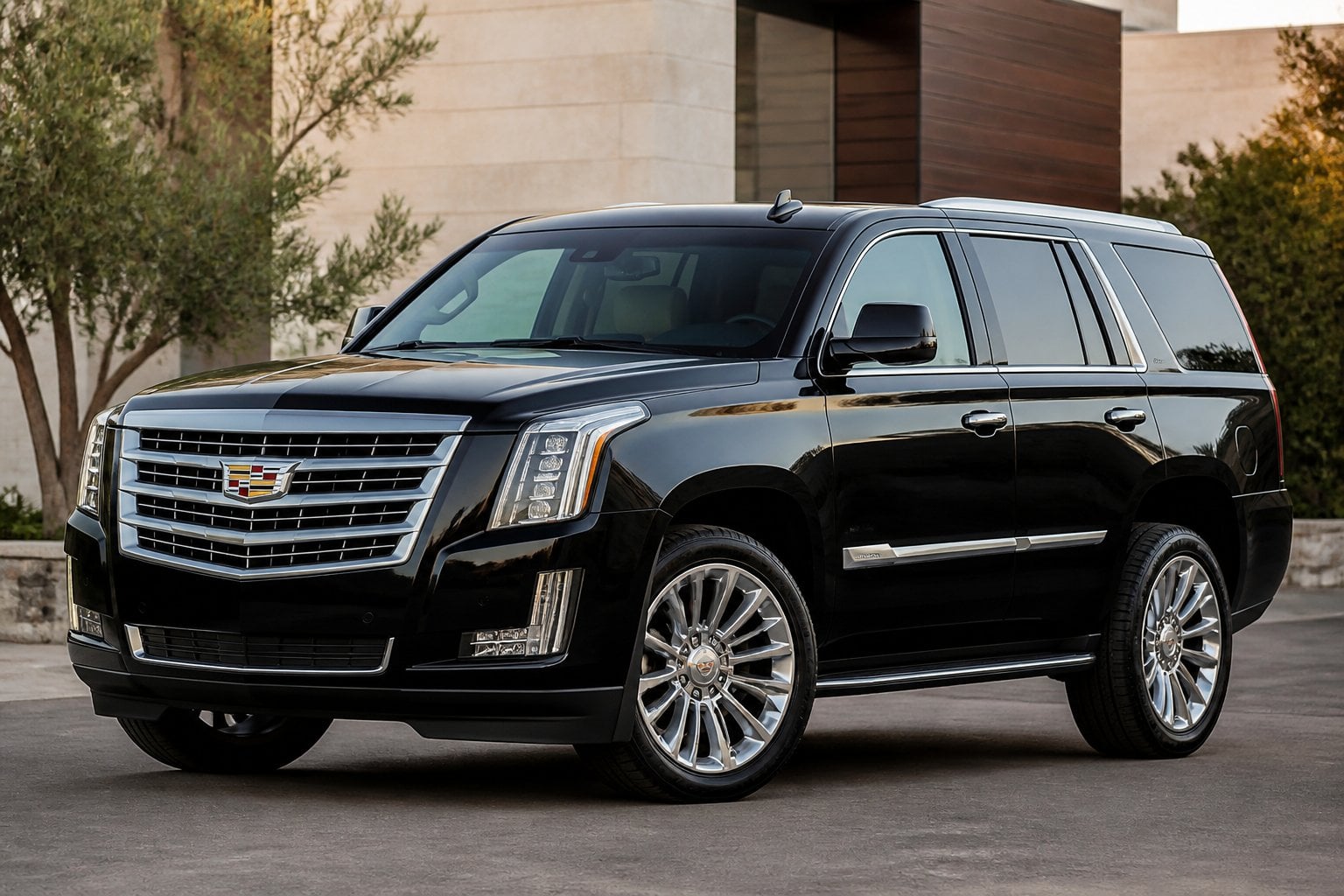 A fourth-generation Cadillac Escalade parked on a clean paved surface outside a modern building.
