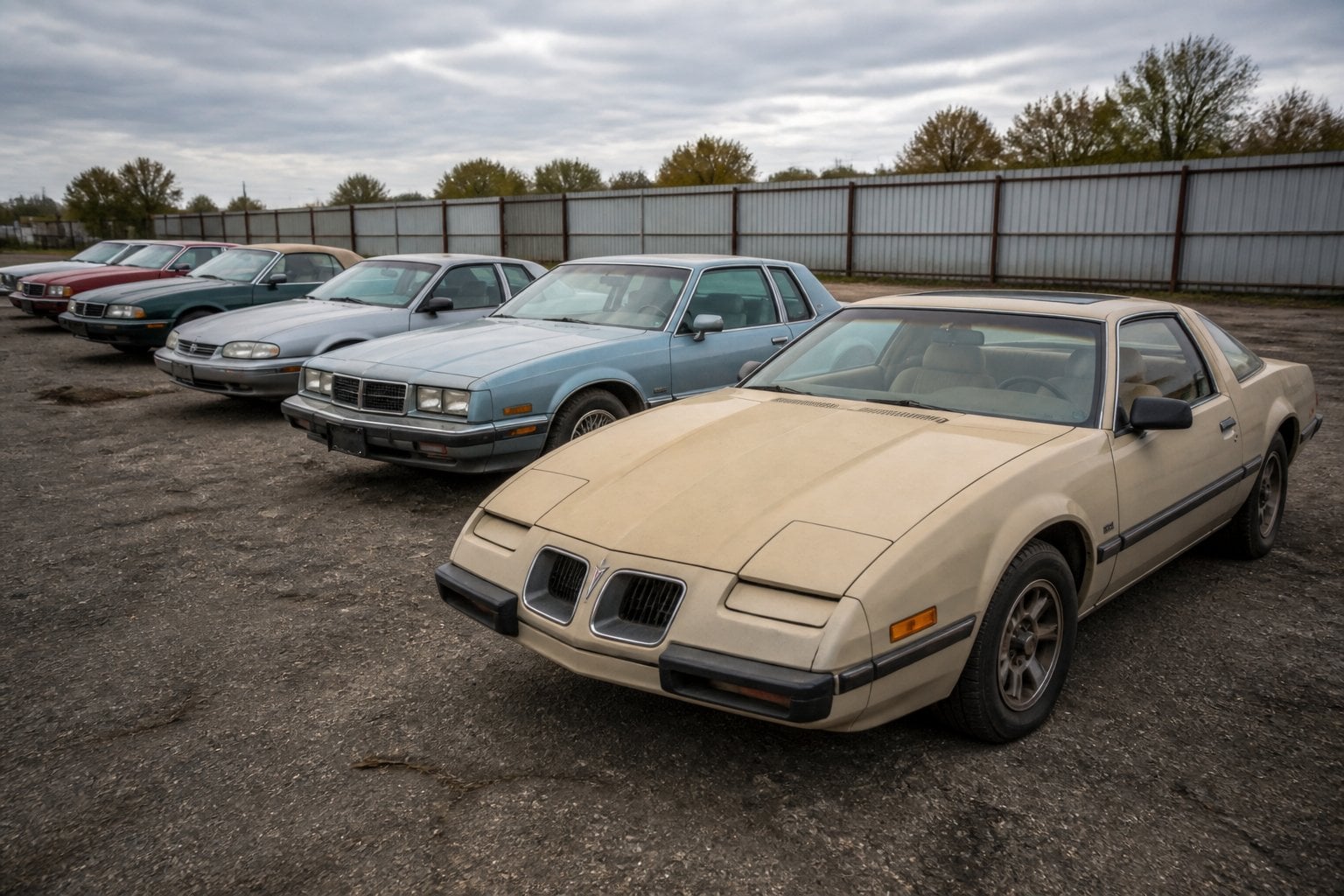A lineup of outdated and neglected Pontiac cars parked in an outdoor storage lot.