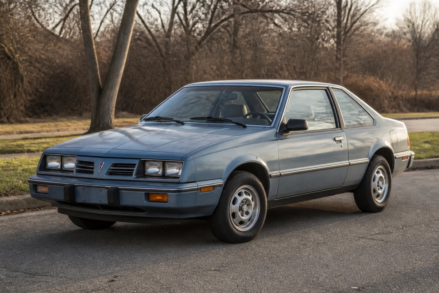 A vintage Pontiac Sunbird coupe parked beside a quiet roadside.
