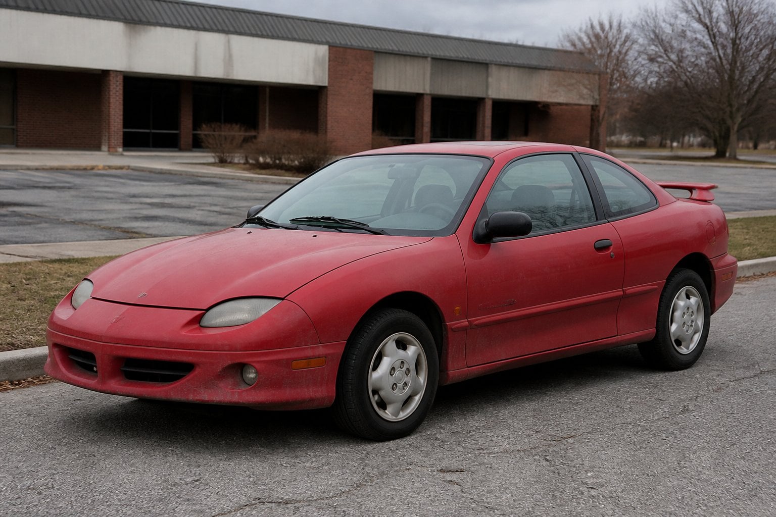 A worn red Pontiac Sunfire coupe parked beside an aging suburban parking lot.