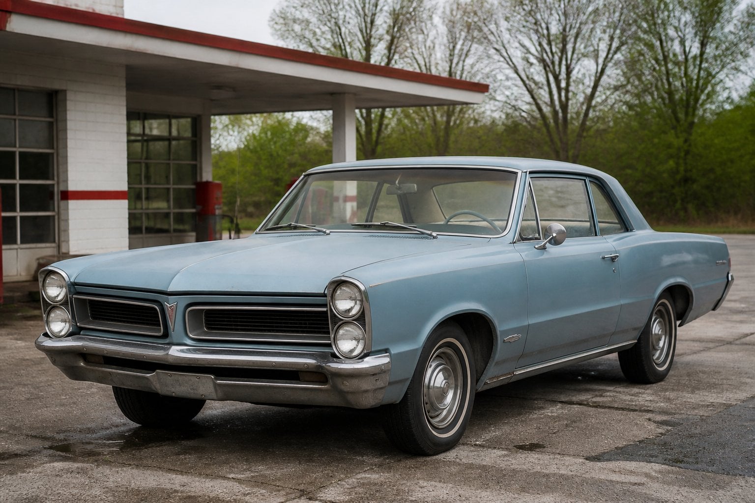 A vintage Pontiac Tempest parked beside a mid-century roadside service station.
