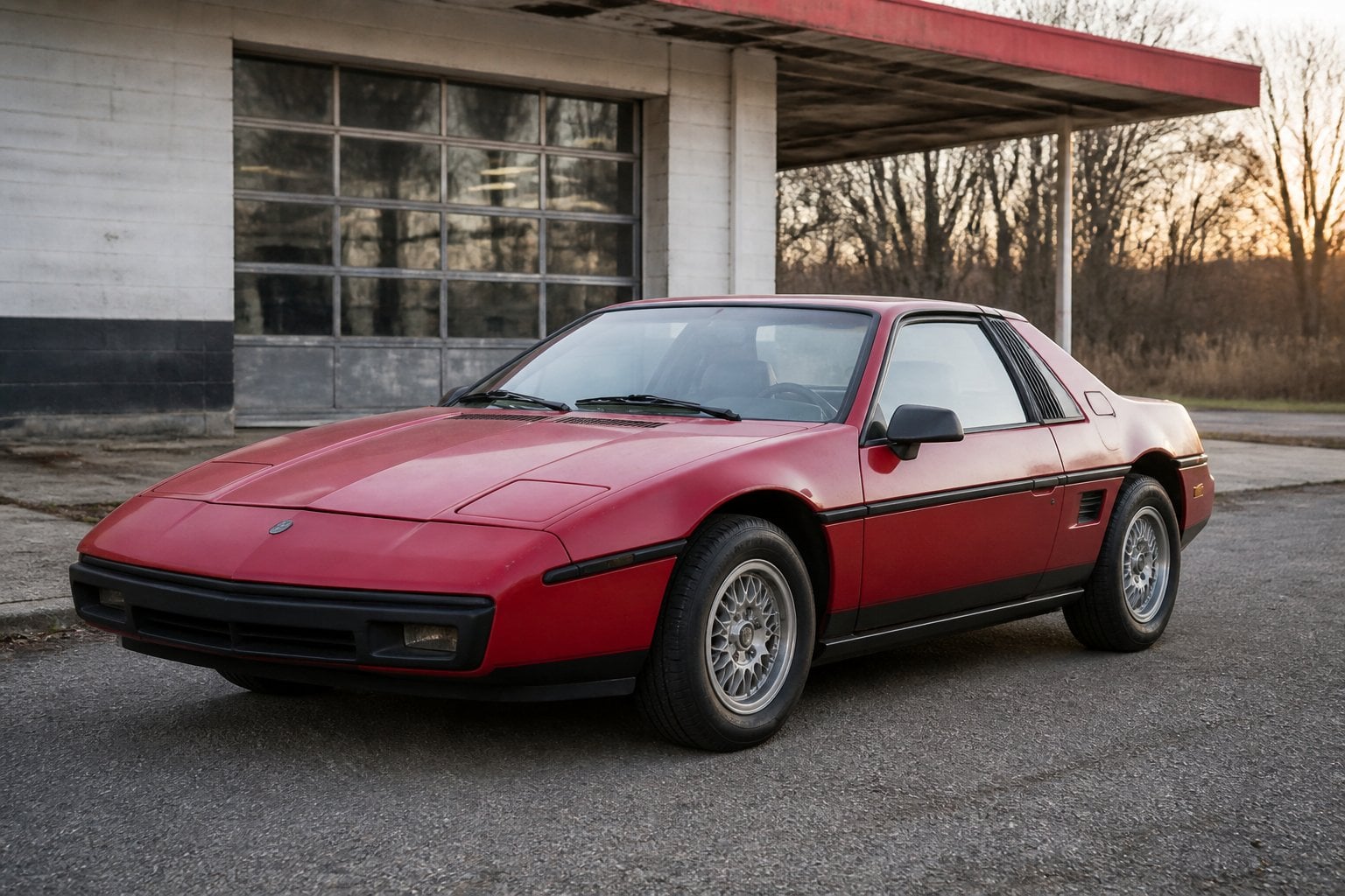 A vintage Pontiac Fiero parked outside a weathered industrial garage.