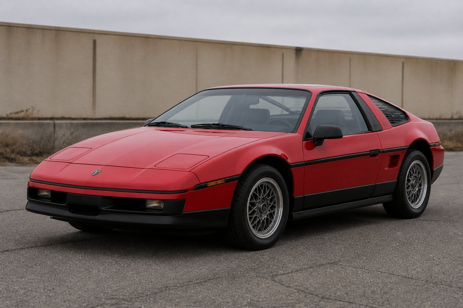 A Pontiac Fiero GT parked on pavement in a three-quarter front view.