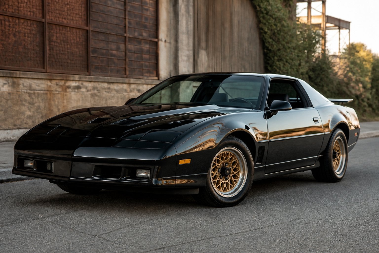 A black-and-gold Pontiac Firebird Trans Am GTA parked on a paved road in a muted outdoor setting.