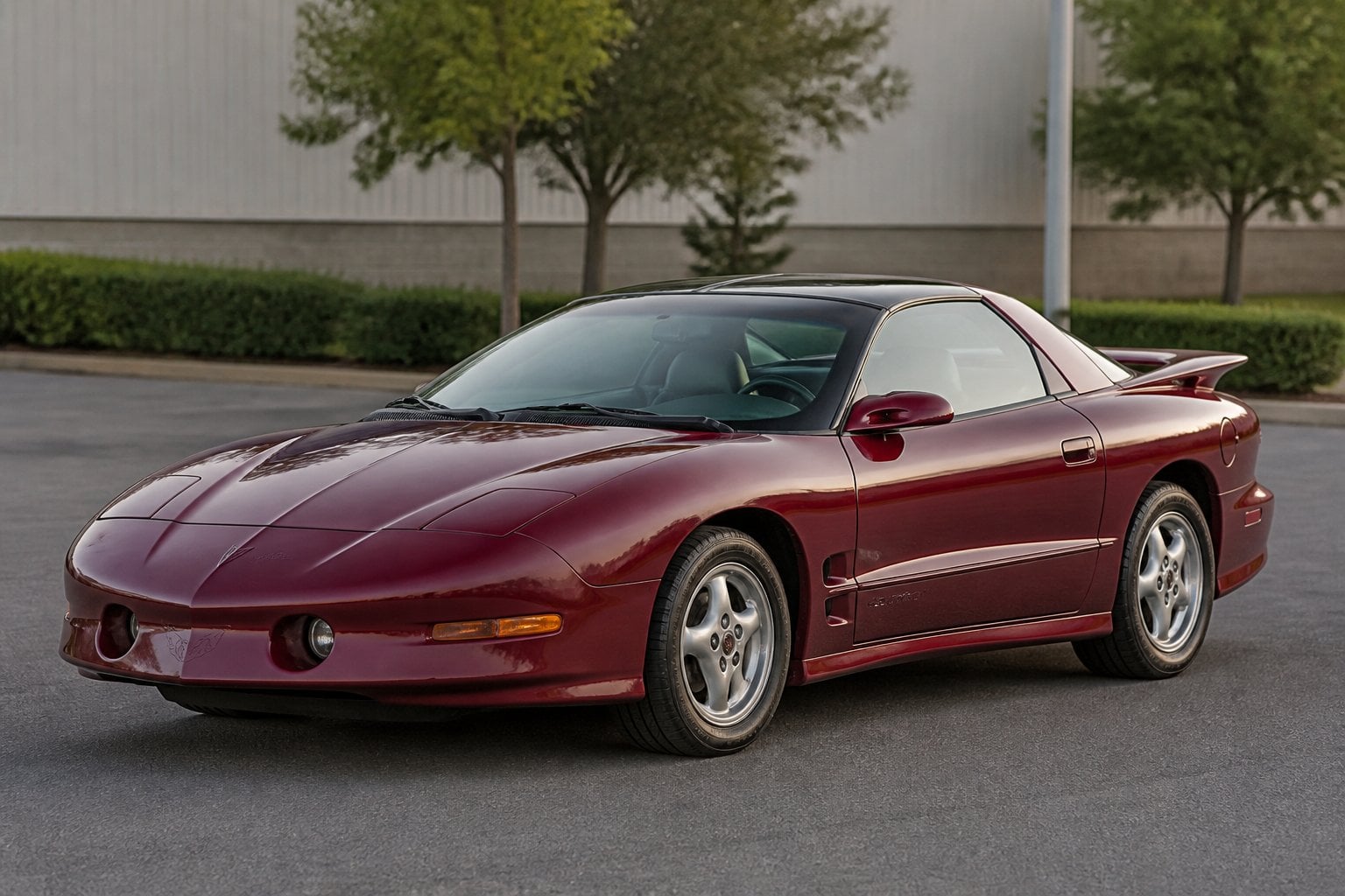 A burgundy fourth-generation Pontiac Firebird parked on asphalt outdoors.