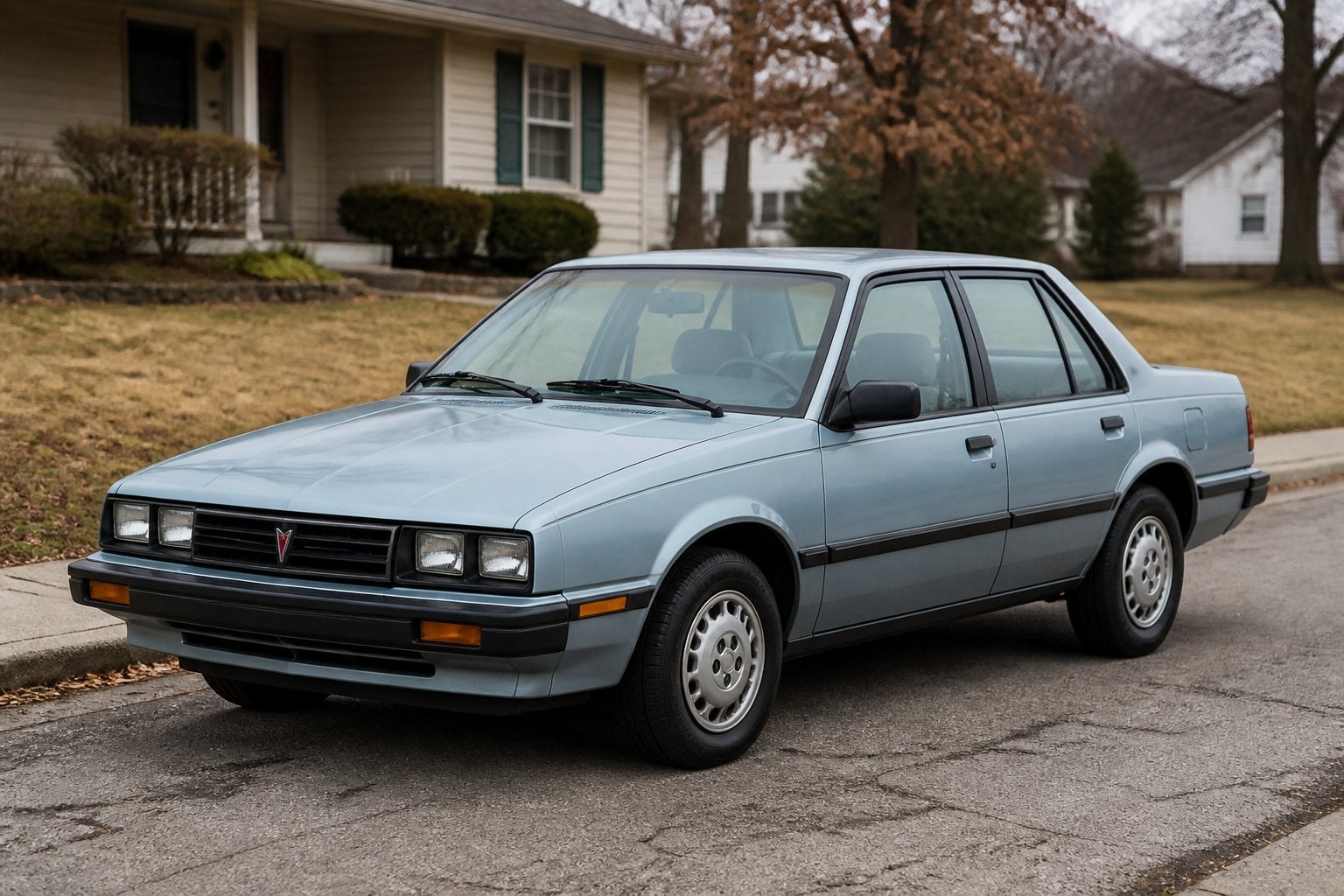 An older Pontiac Grand Am parked on a suburban street.