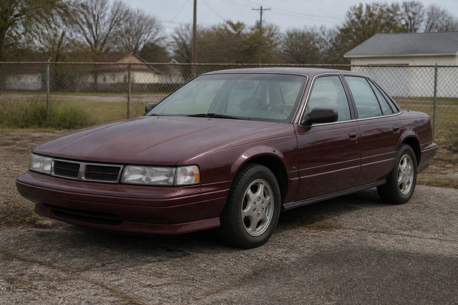 An aging Pontiac Grand Prix sedan parked at a suburban roadside.