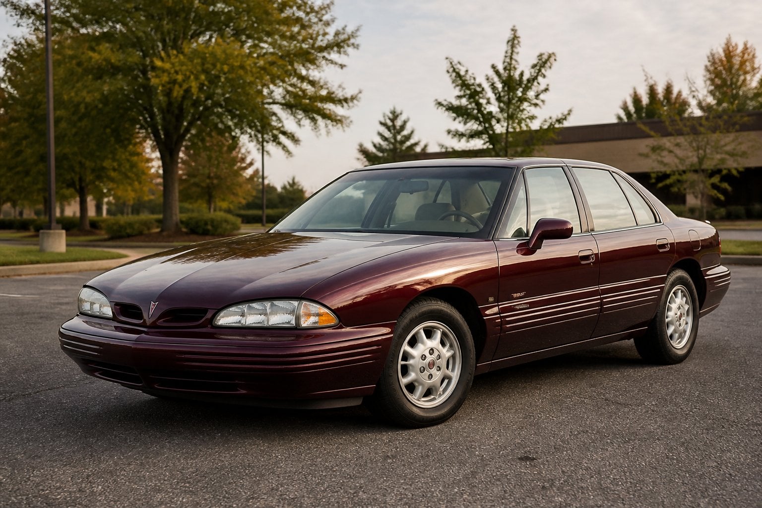 A burgundy Pontiac Bonneville sedan parked beside a quiet suburban road.