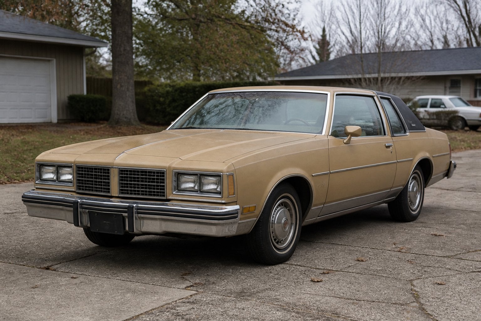 An aging late-1970s Pontiac Phoenix parked in a quiet suburban driveway.