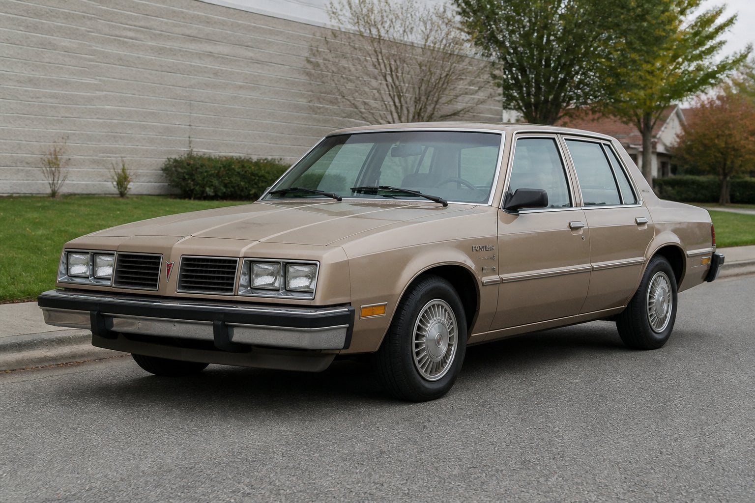 A boxy 1982 Pontiac J2000 sedan parked on a quiet suburban roadside.