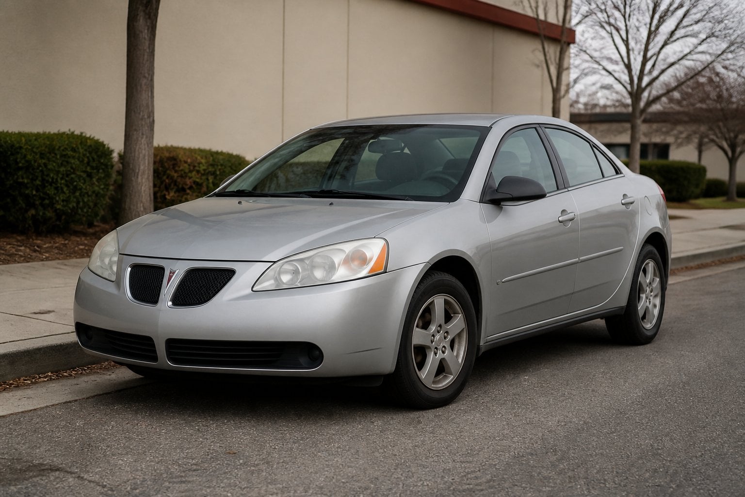 A silver-gray Pontiac G6 sedan parked on a quiet suburban roadside.