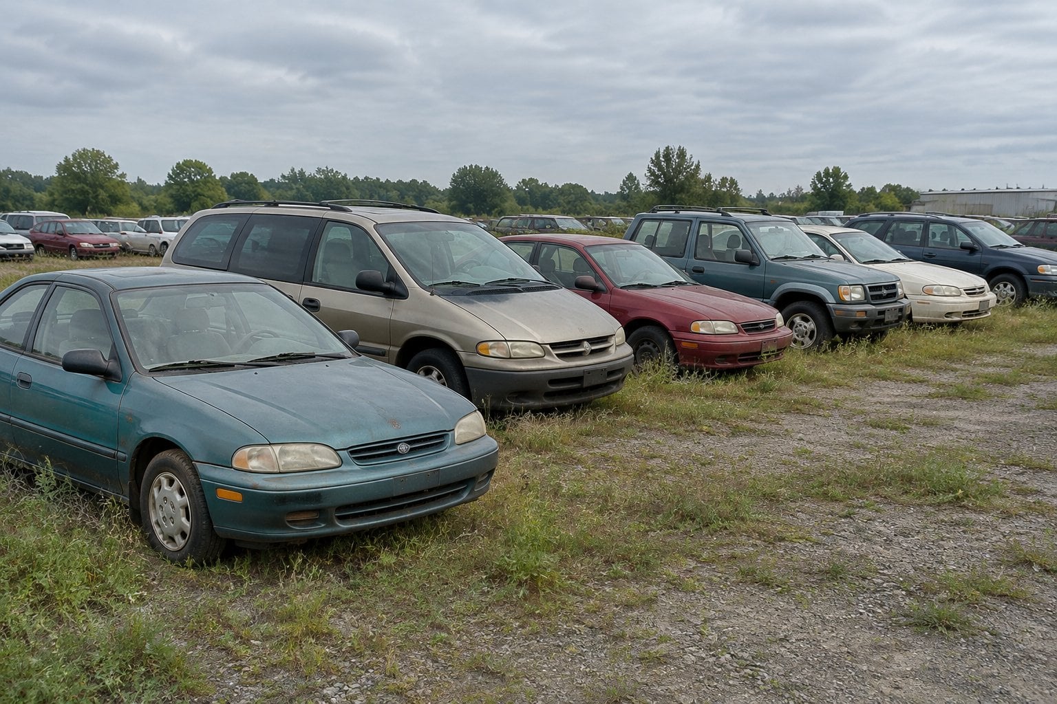 A lineup of older, weathered cars parked in an overgrown outdoor storage lot.