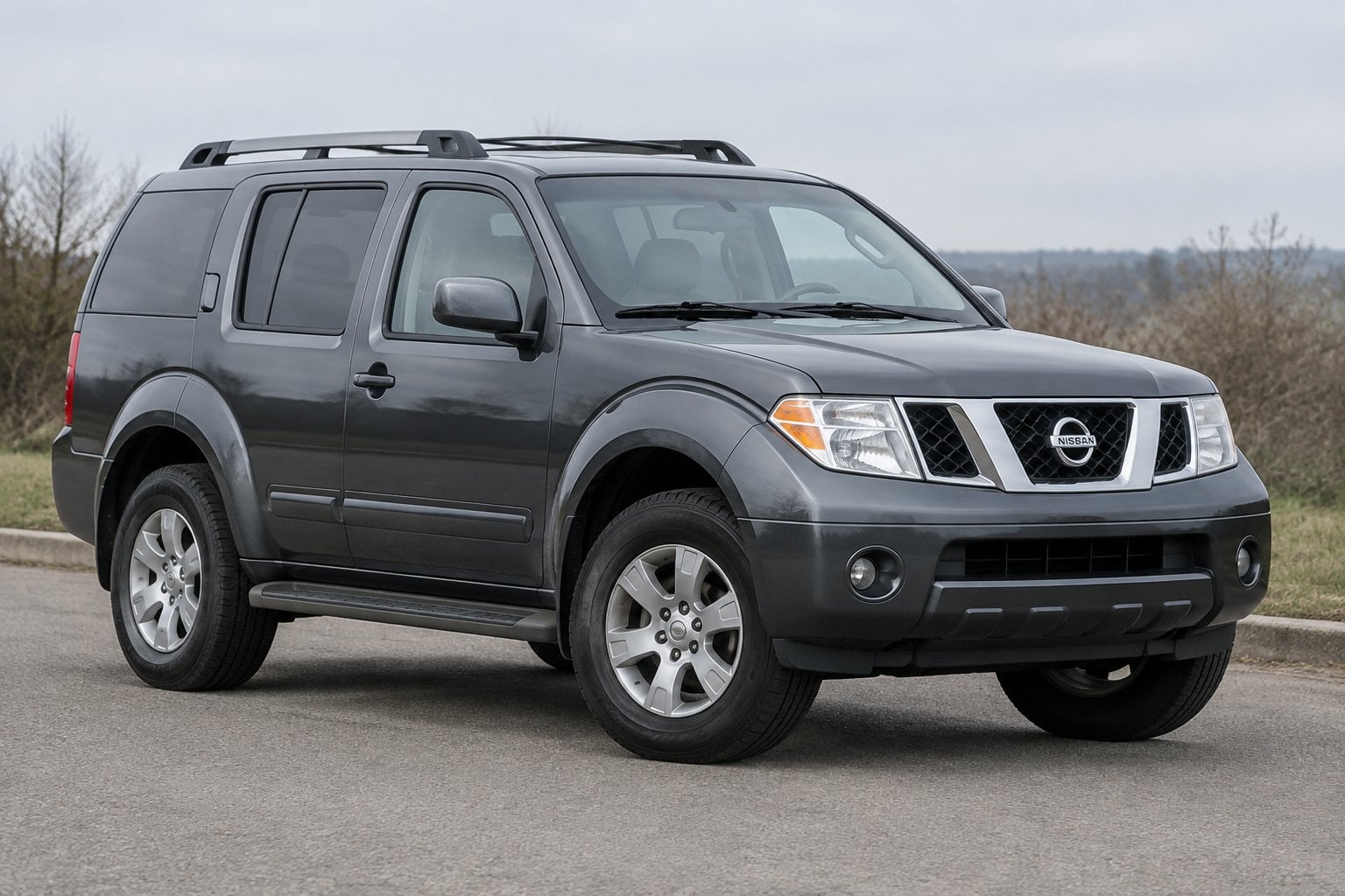 A dark gray 2005 Nissan Pathfinder parked on a paved roadside.