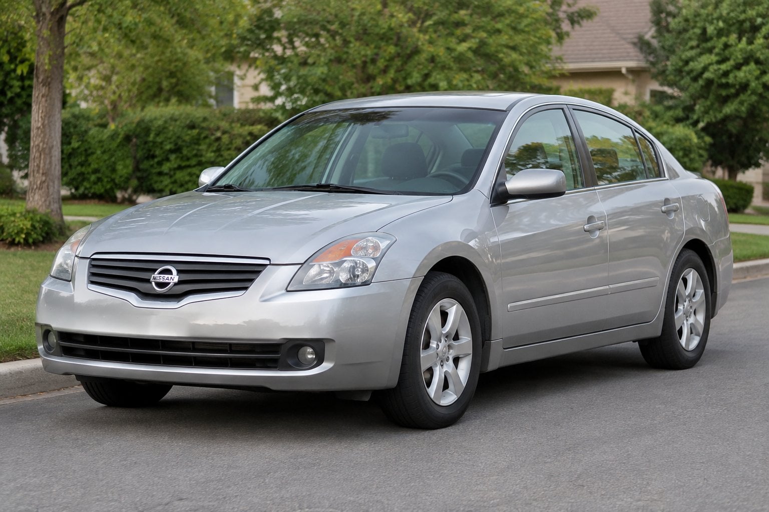 A silver 2007 Nissan Altima sedan parked on a quiet suburban roadside.