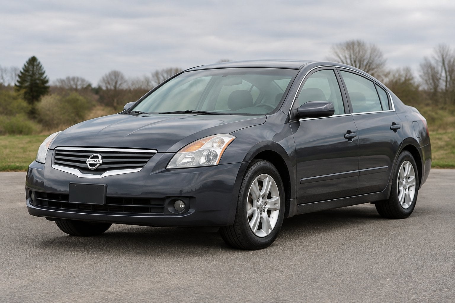A 2008 Nissan Altima sedan parked on a quiet roadside.