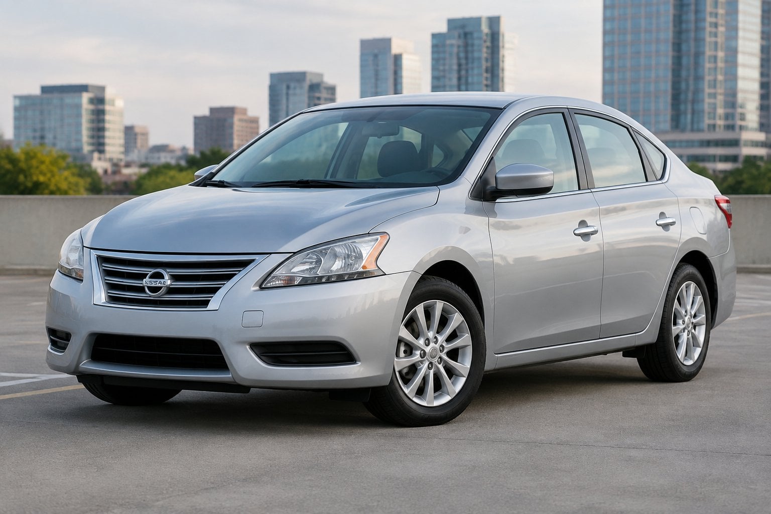 A silver 2013 Nissan Sentra sedan parked on an urban roadside.