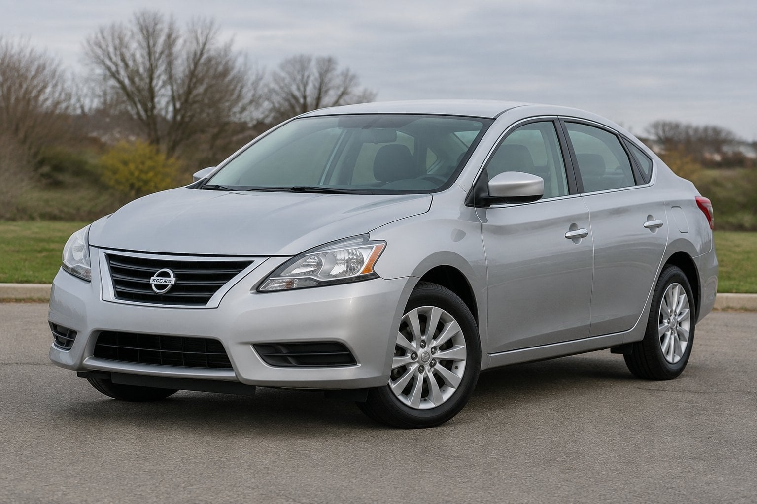A silver 2014 Nissan Sentra parked on a quiet roadside.