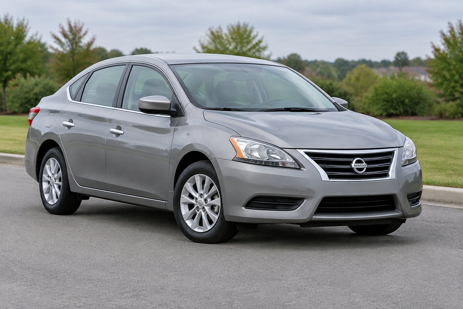 A silver 2015 Nissan Sentra sedan parked on a quiet roadside.