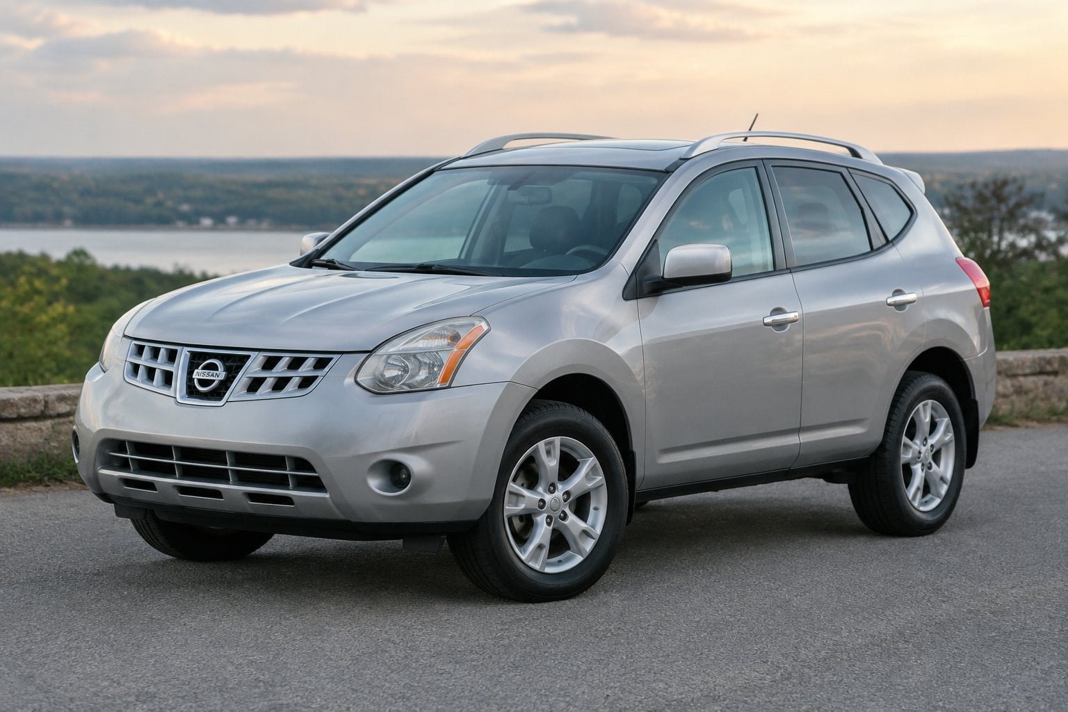 A silver 2010 Nissan Rogue parked at a roadside overlook.