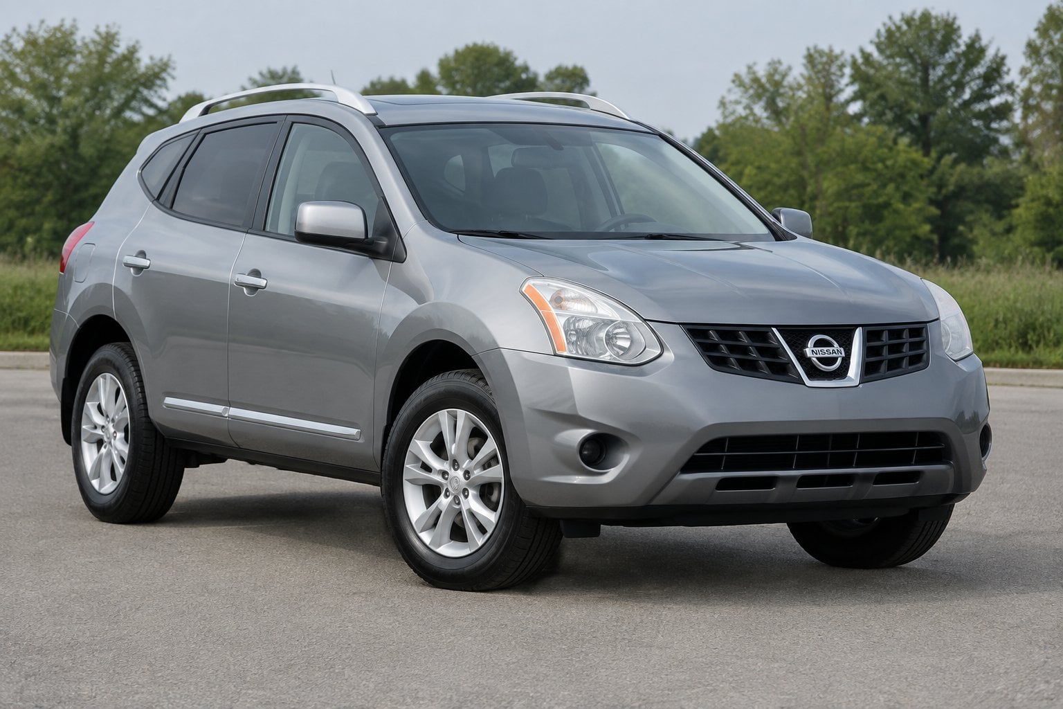 A silver 2013 Nissan Rogue parked in an uncluttered outdoor setting.