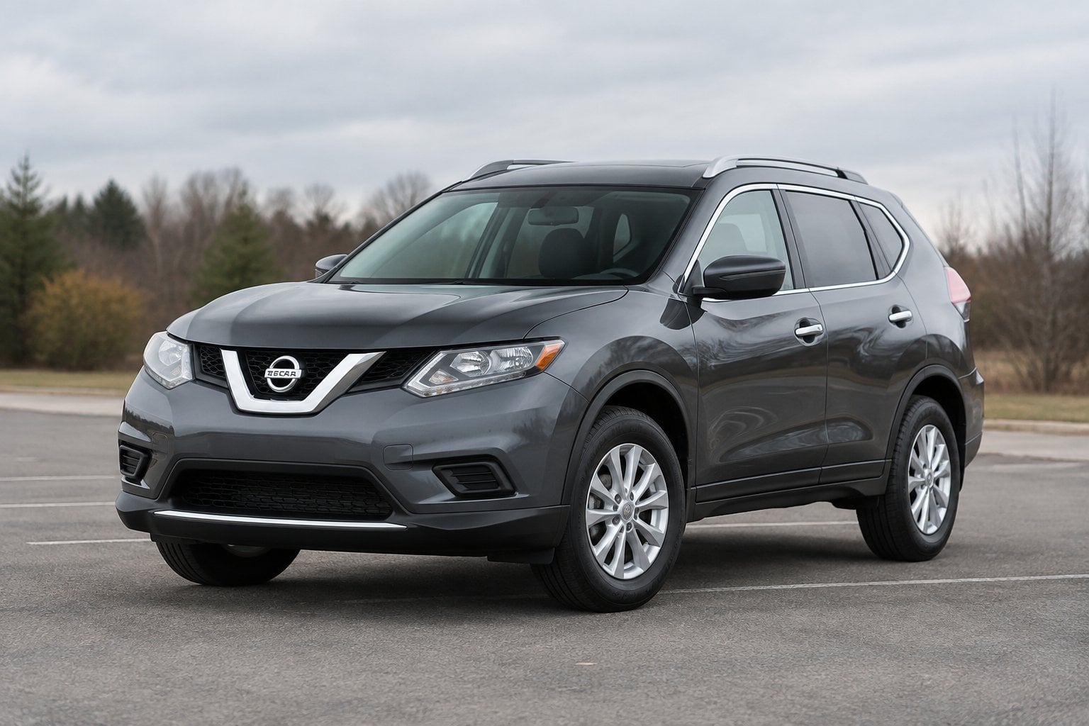 A dark gray 2015 Nissan Rogue parked in a suburban parking area.
