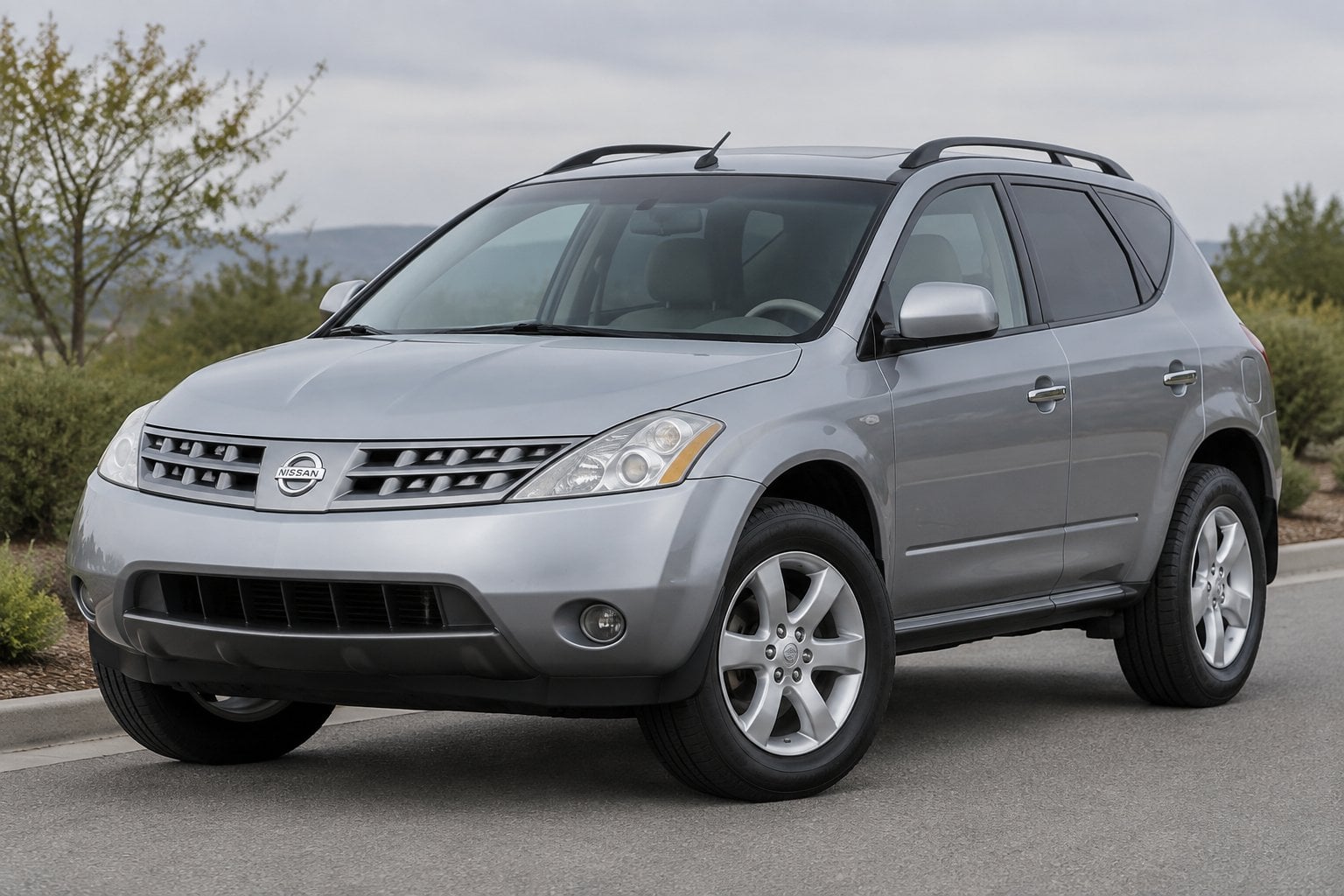 A silver 2003 Nissan Murano parked on a quiet roadside.