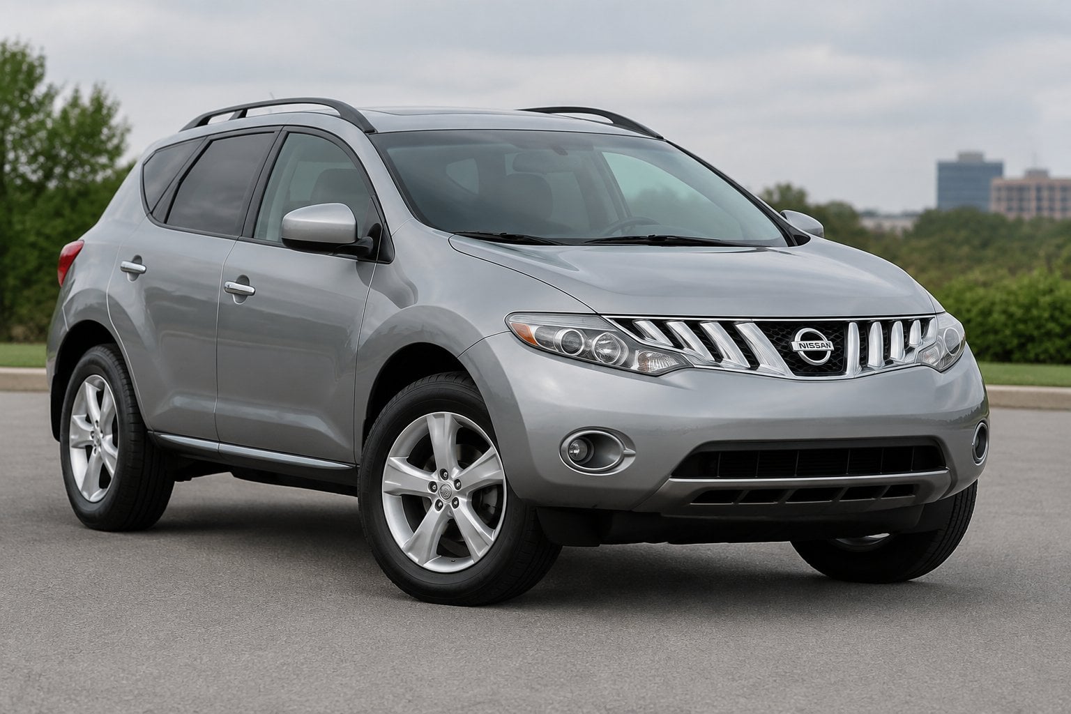 A silver 2009 Nissan Murano SUV parked on a quiet roadside.
