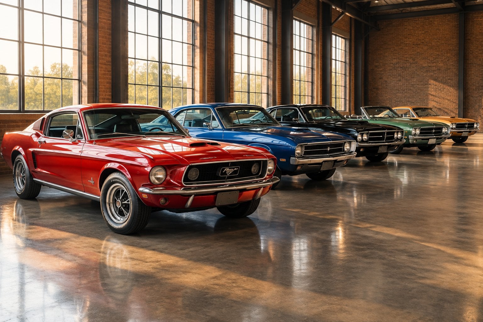A lineup of classic American muscle cars in a spacious indoor collection.