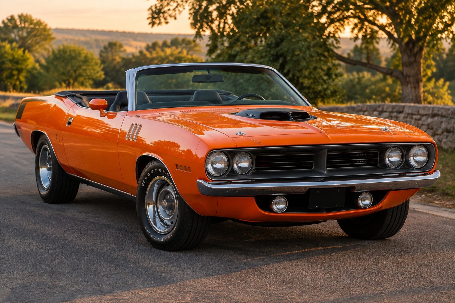 An orange 1970 Plymouth Hemi Cuda convertible parked on a tree-lined road.