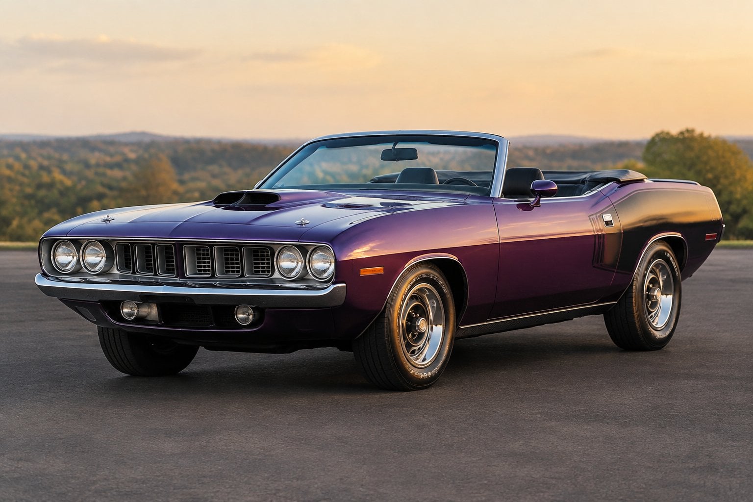 A purple classic convertible muscle car parked on a paved surface.
