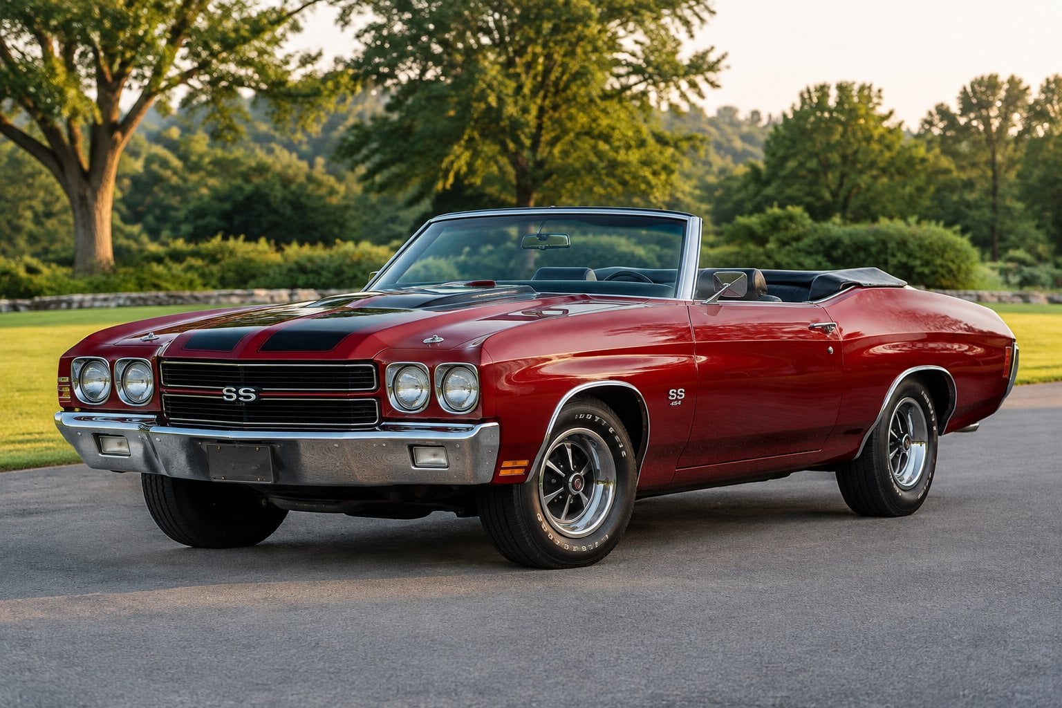 A red 1970 Chevrolet Chevelle SS convertible parked on a quiet road.