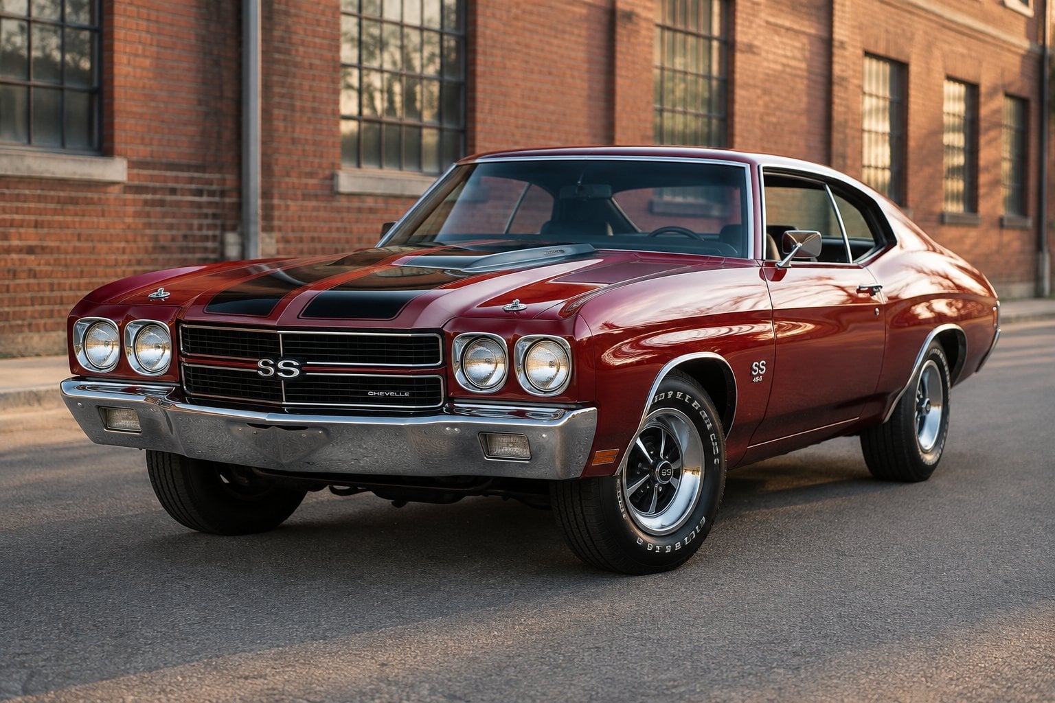 A red 1970 Chevrolet Chevelle SS parked on a paved road.