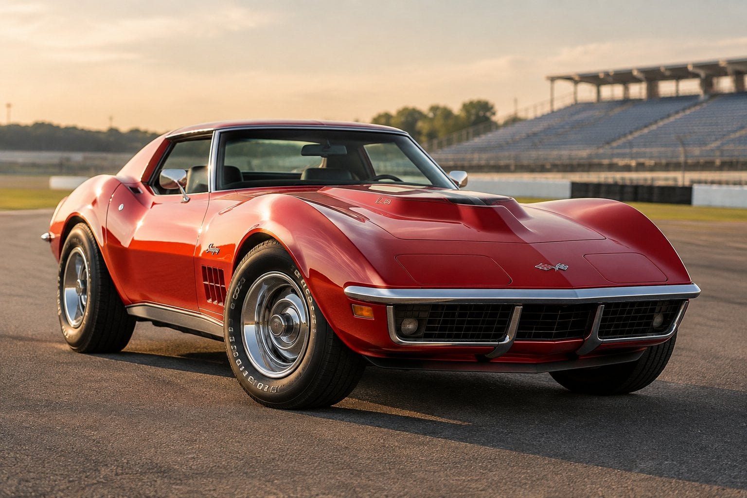 A red 1969 Chevrolet Corvette parked at a racetrack.