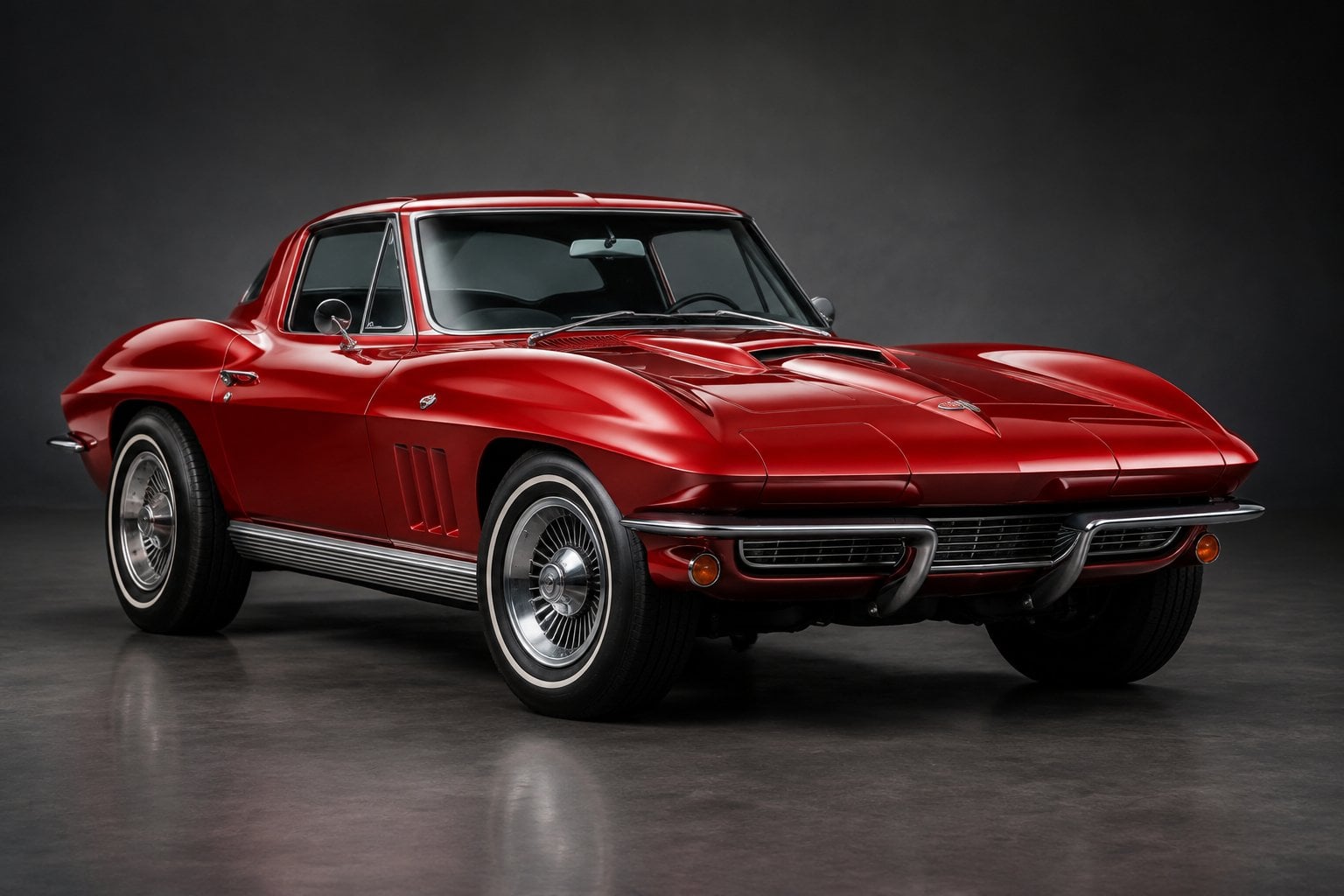 A red 1967 Chevrolet Corvette parked in a studio.