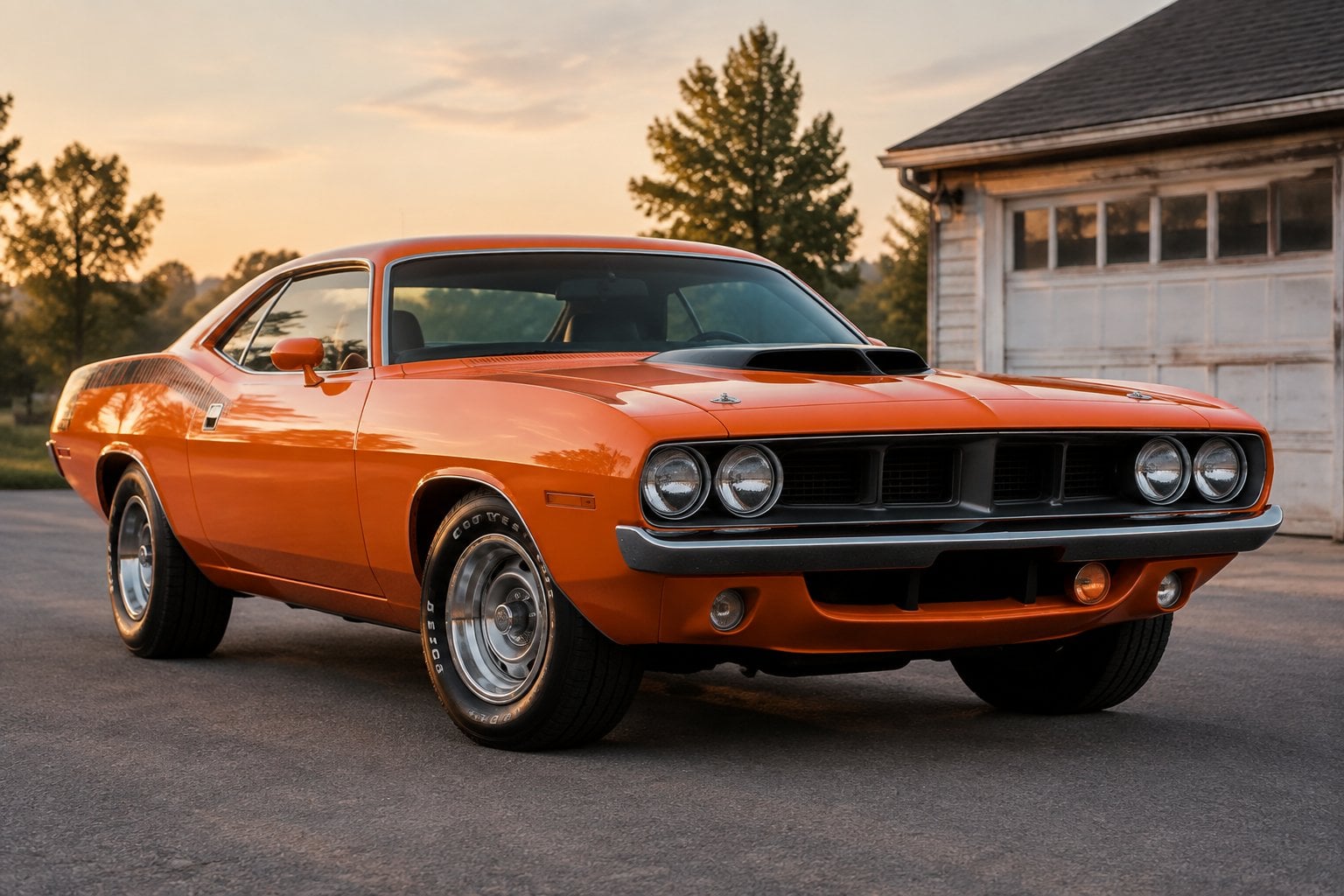 A bright orange 1970 Plymouth Hemi Cuda parked on a quiet road.