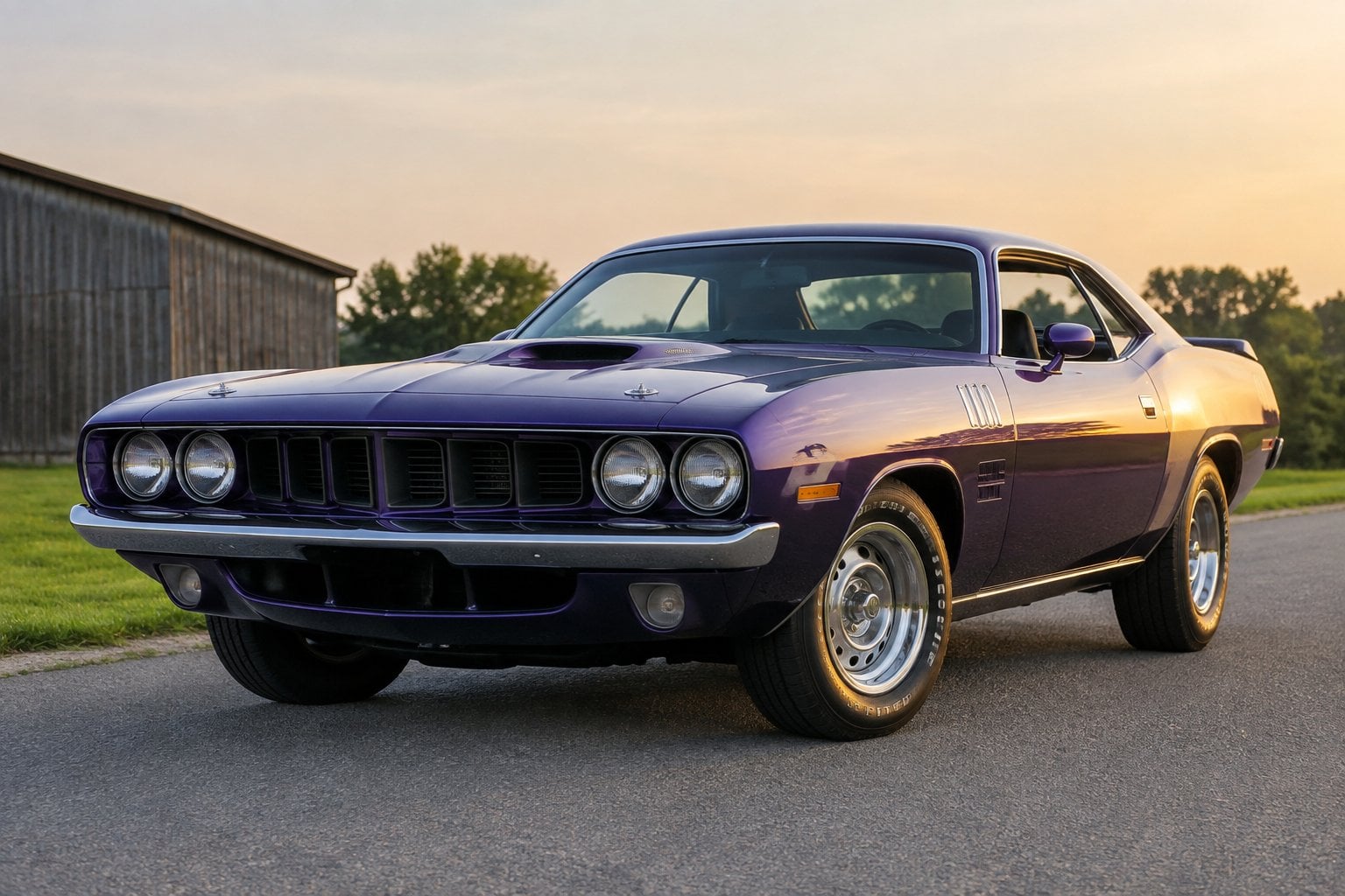 A 1971 Plymouth Hemi Cuda parked on a paved road.