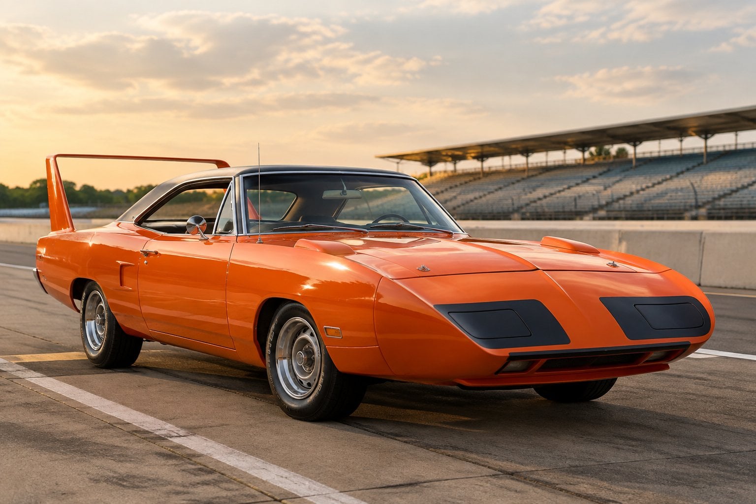 An orange 1970 Plymouth Superbird parked on a raceway.