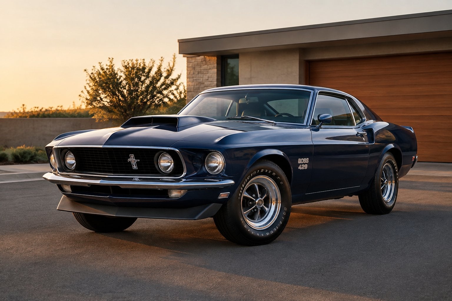 A blue 1969 Ford Mustang Boss 429 parked on a paved road.