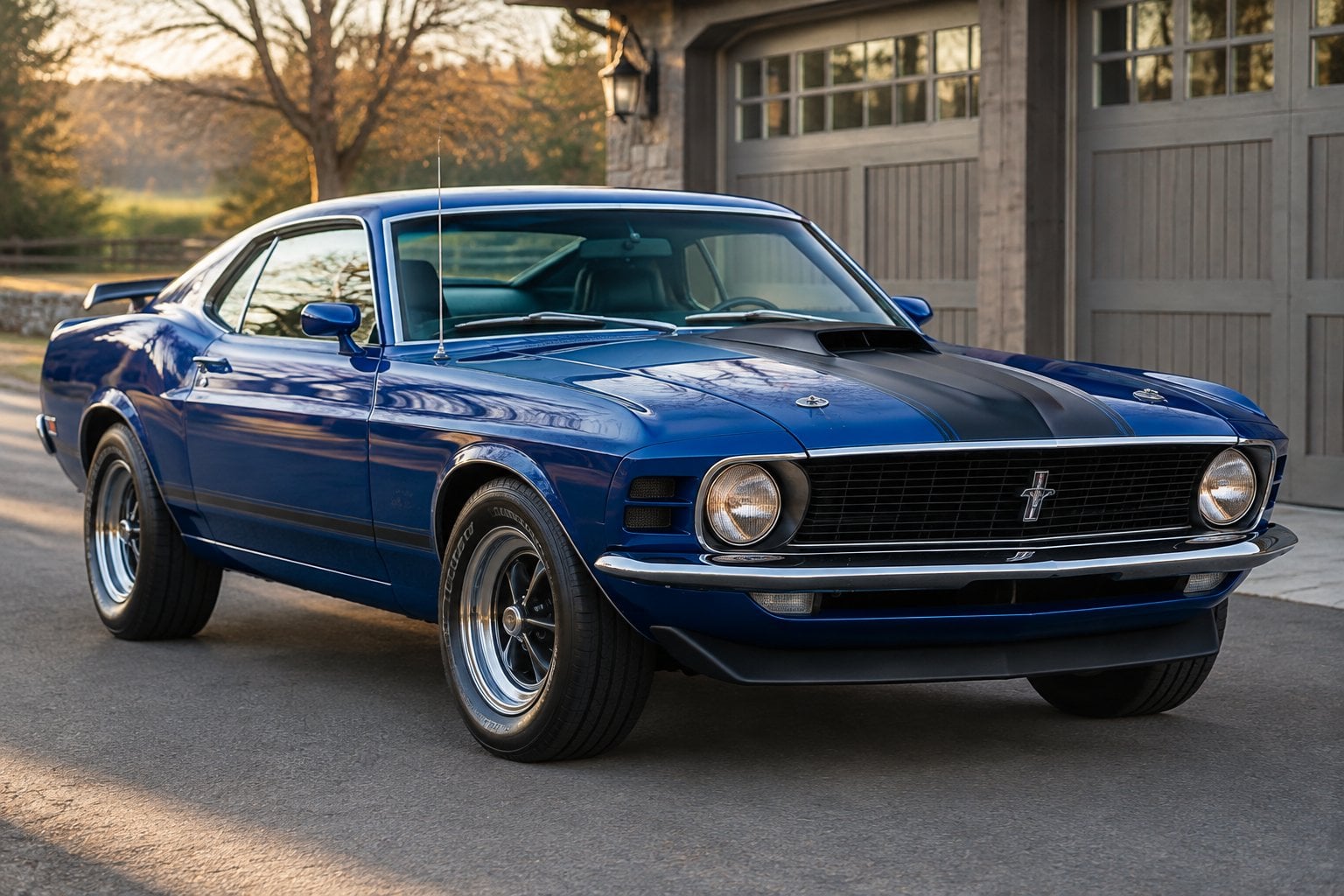 A blue 1970 Ford Mustang Boss 429 parked on a quiet road.