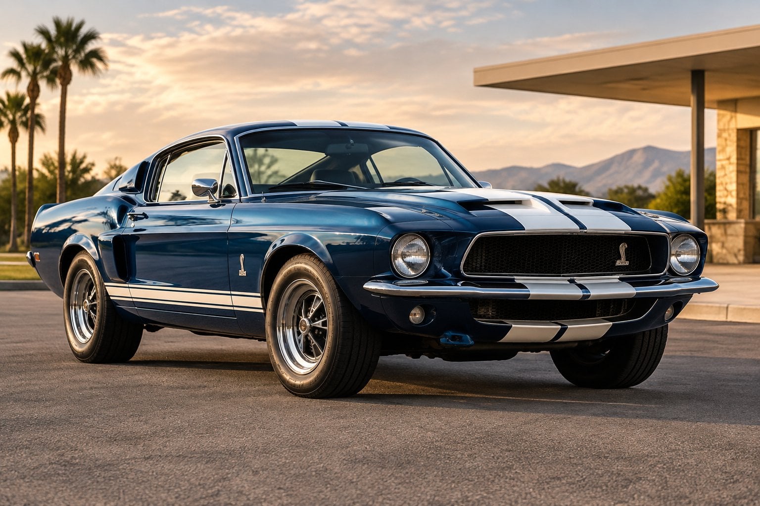 A blue 1969 Ford Mustang Shelby GT500 Super Snake with white racing stripes parked on pavement.