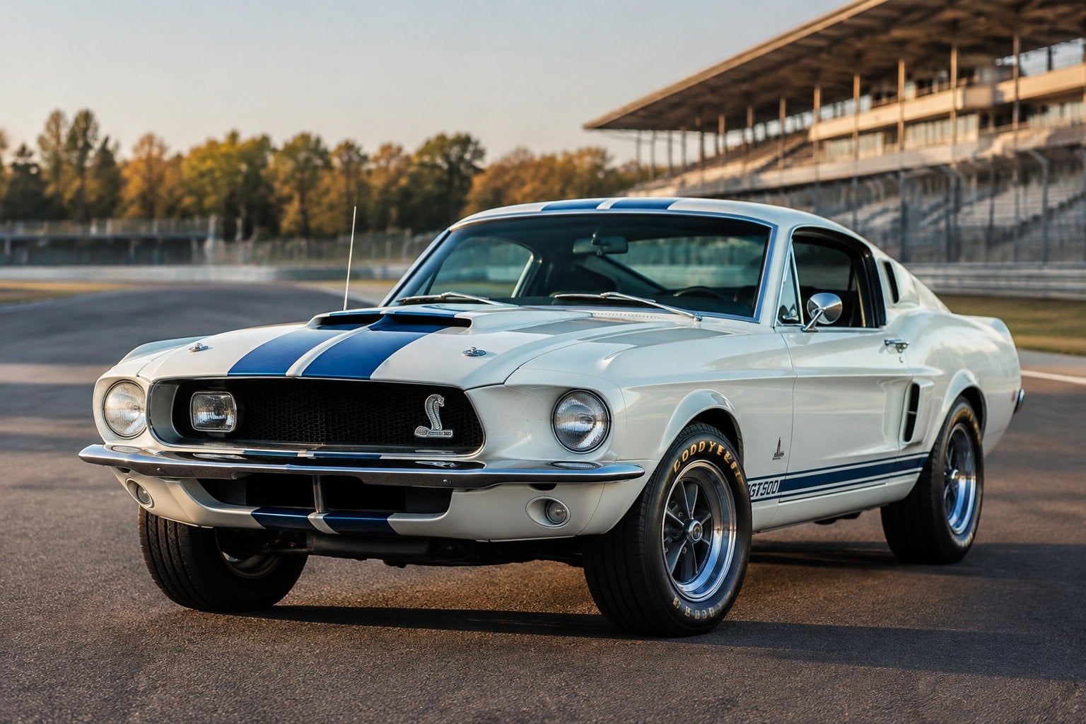 A white 1967 Shelby GT500 Super Snake with blue racing stripes parked on a paved road.