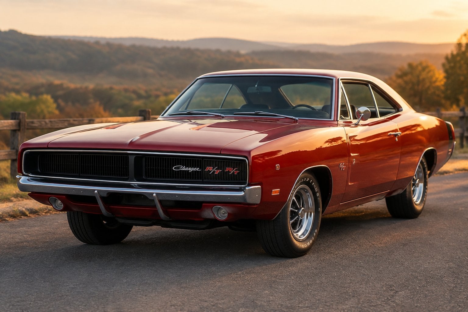 A red 1969 Dodge Charger parked on a quiet road.
