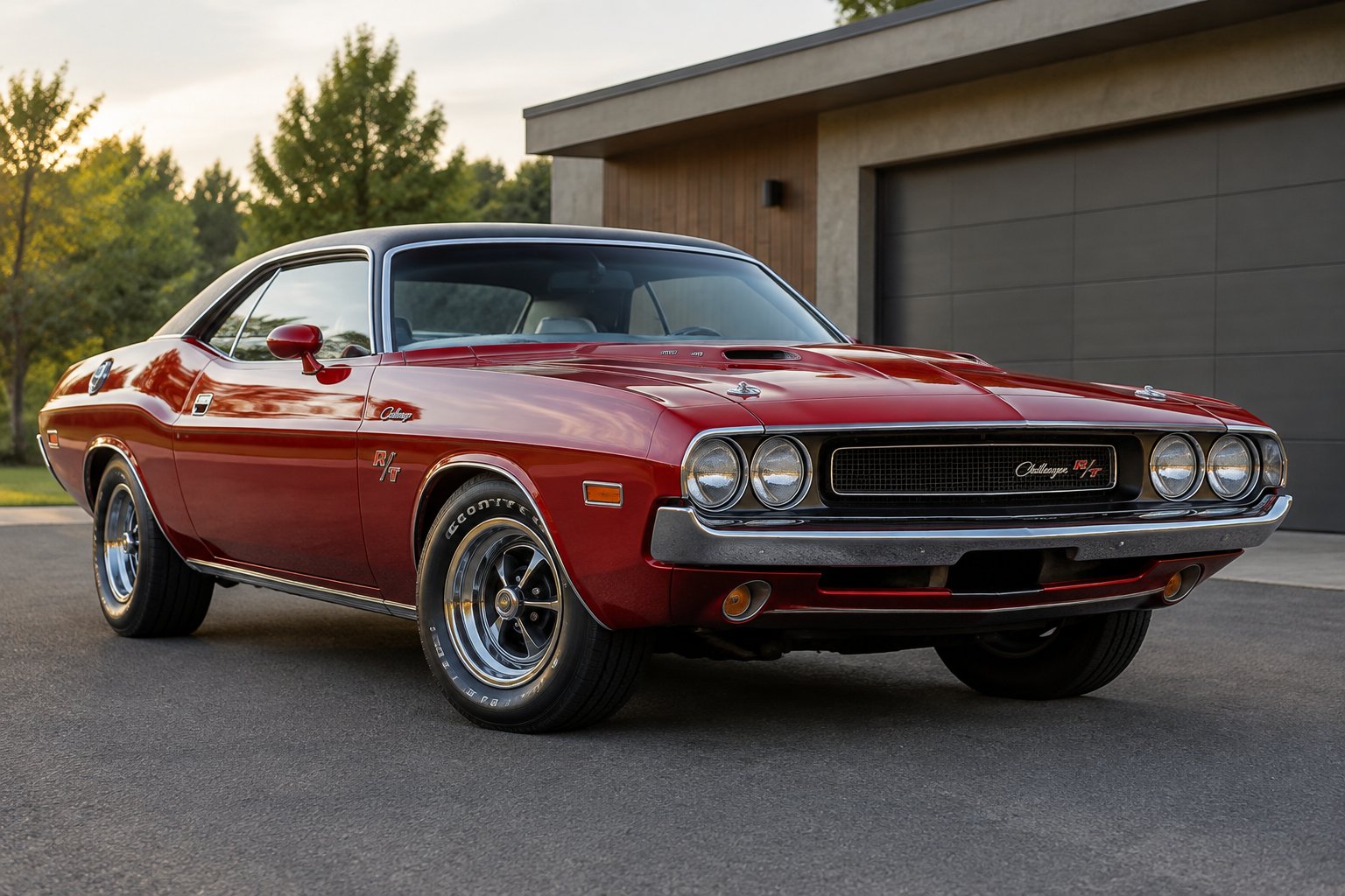 A red 1970 Dodge Challenger parked beside a garage.